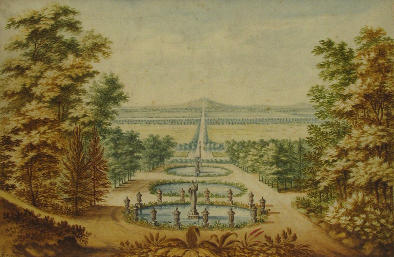 Naturskjønn utsikt over hager, n.d. av Antoine Claude Fleury