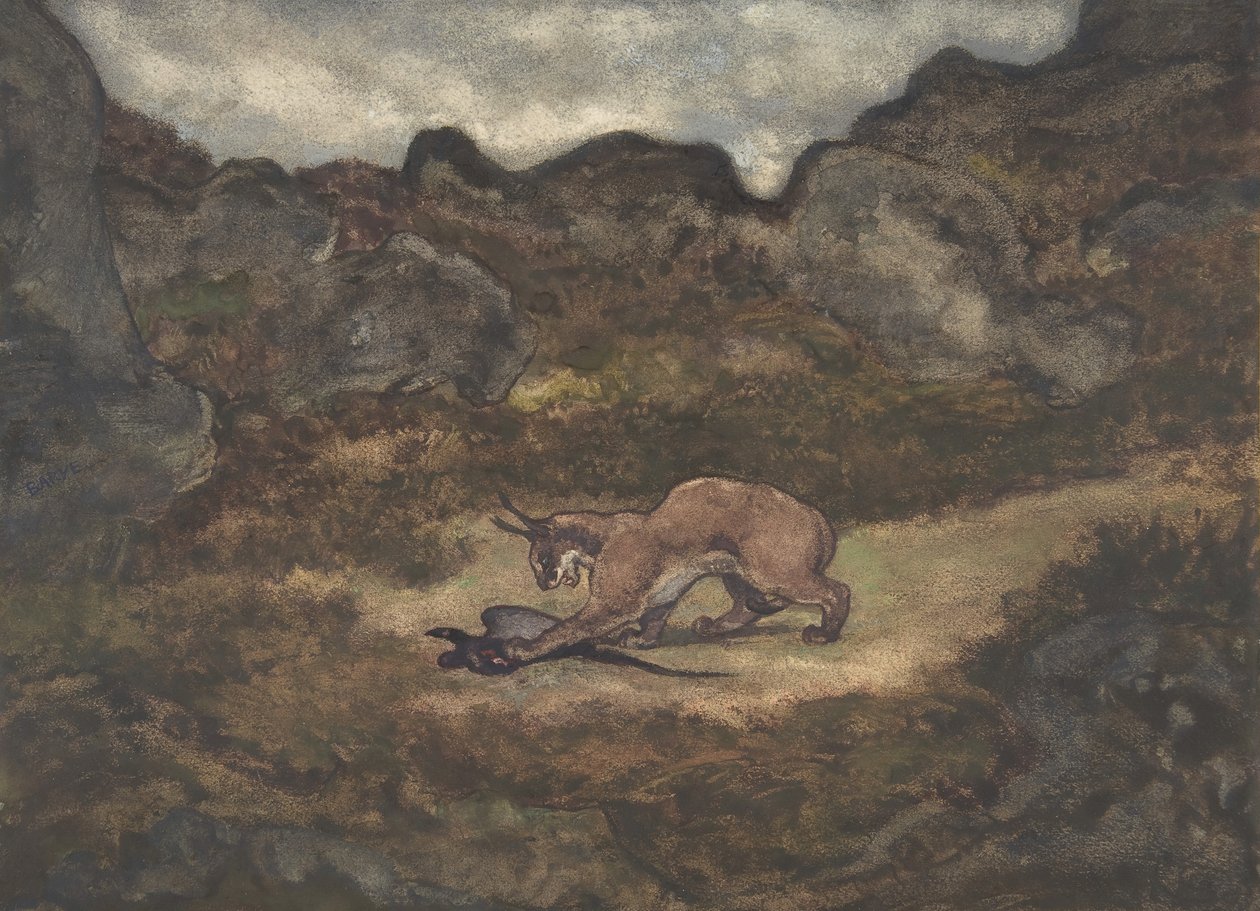 Karakal og fasan, 1810-75. av Antoine Louis Barye