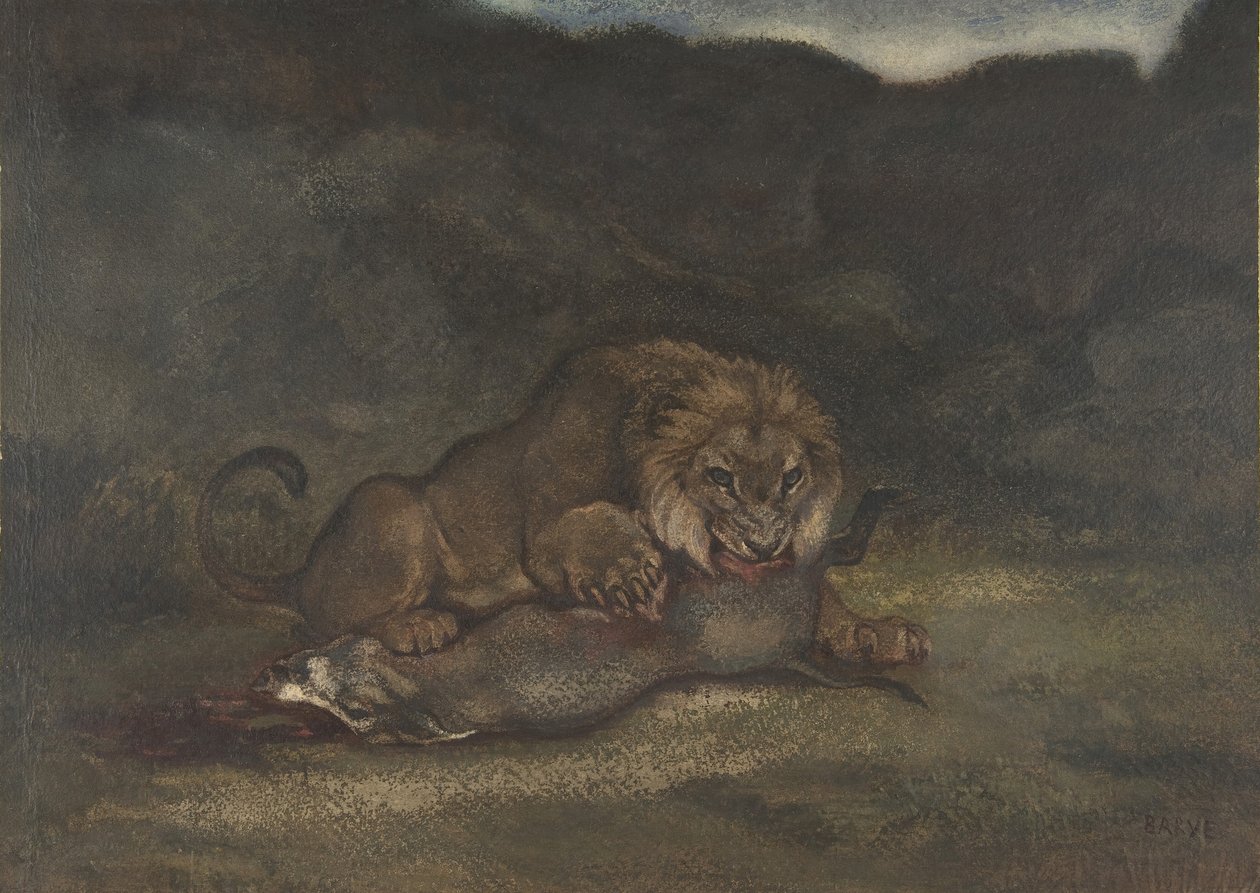 Løve fortærende byttedyr, 1810-75. av Antoine Louis Barye