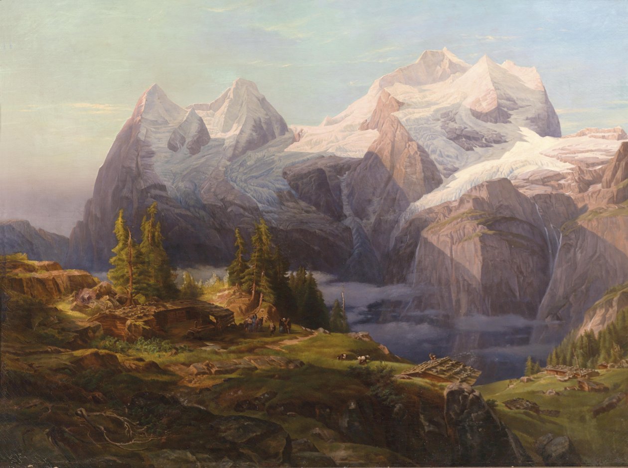 Utsikt over Berner Oberland med Mönch, Eiger og Jungfrau, figurativ bemanning i forgrunnen av Anton Hansch