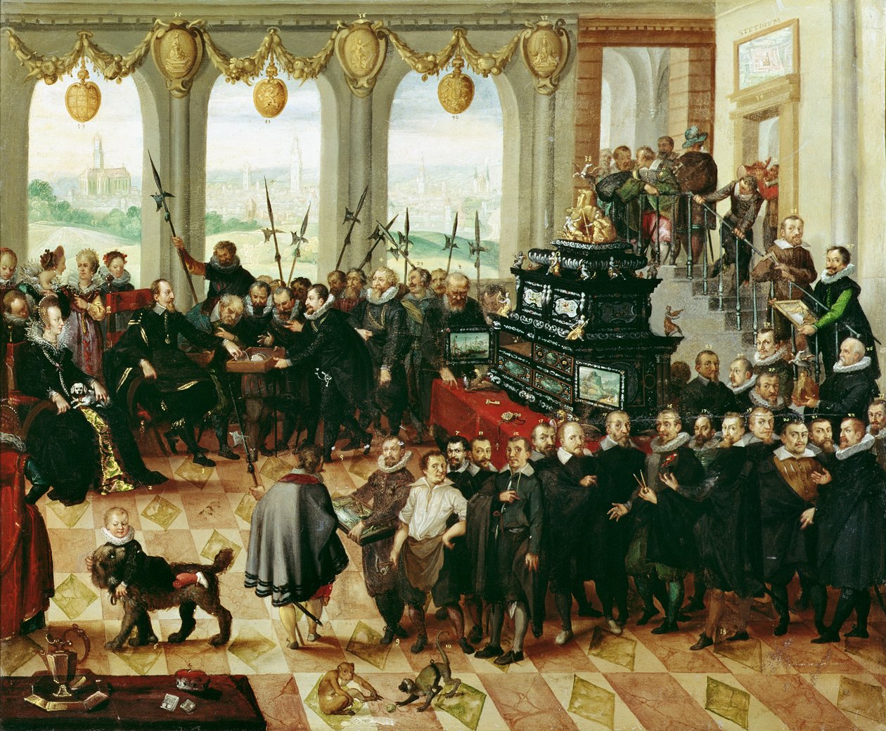 Presentasjon av Pomeranian Kunstschrank til hertug Philip II av Pommern-Stettin (1606-18) i 1617 (panel) av Anton Mozart