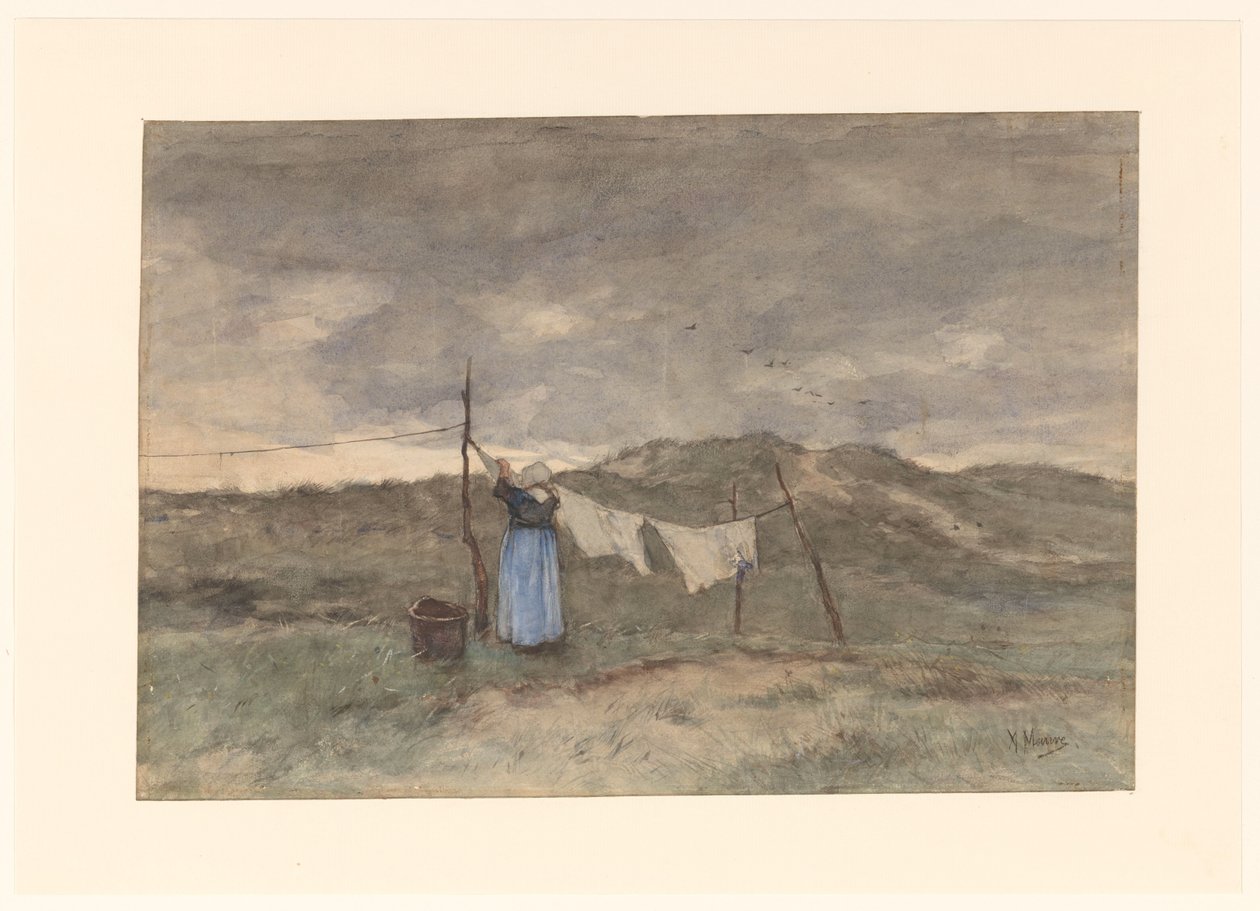 Kvinne ved en klessnor i sanddynene av Anton Mauve