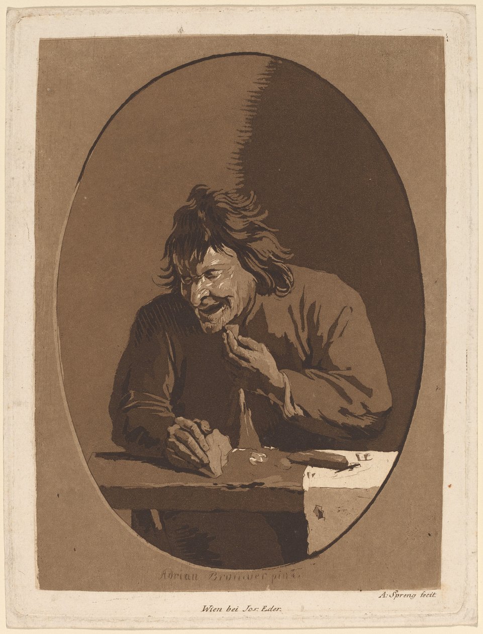 En bonde som spiser av Anton Spreng after Adriaen Brouwer; published by Joseph Eder