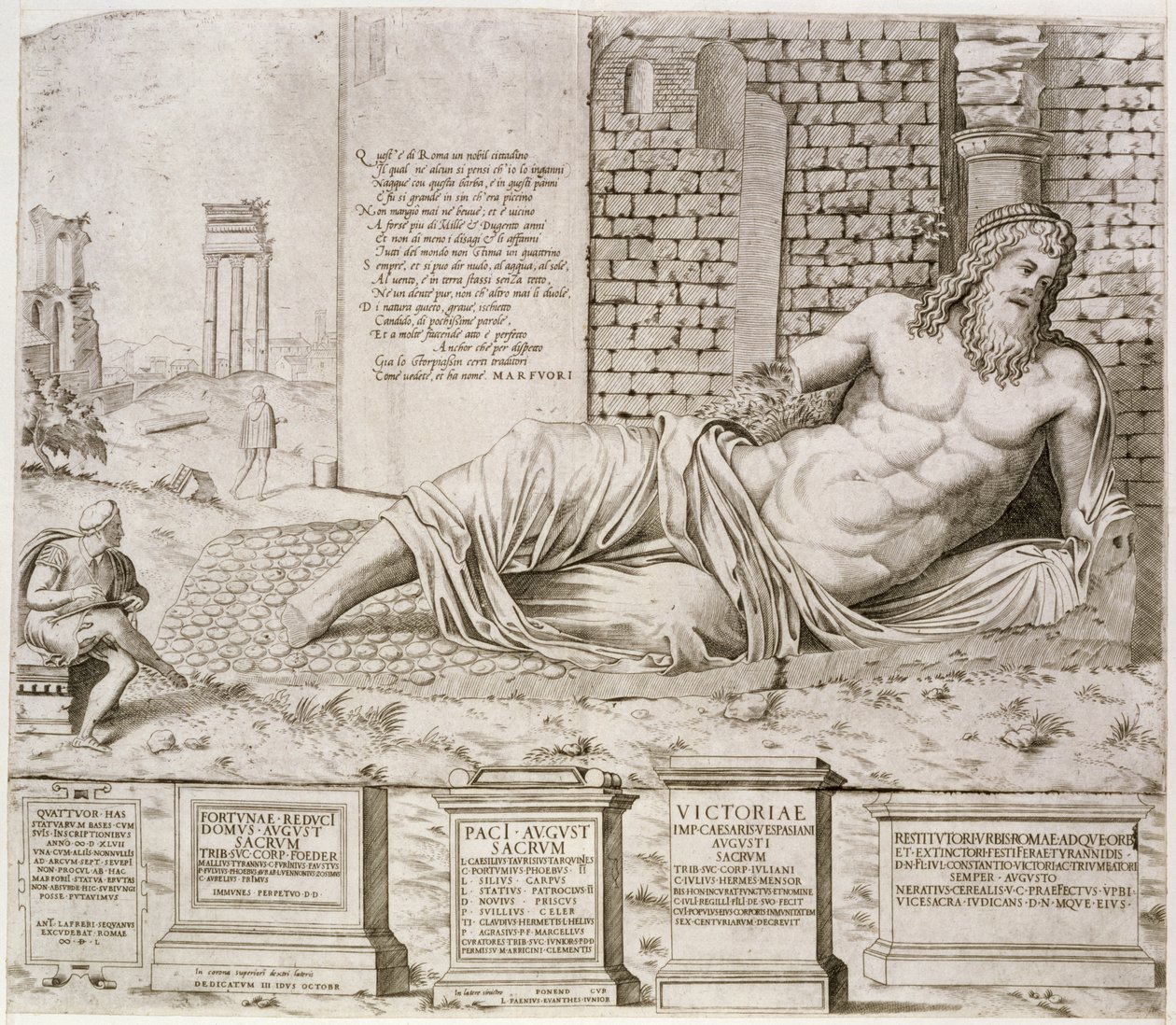 Den "snakende" statuen av Marforio i Roma, gravert av kunstneren, 1550 av Antonio Lafreri
