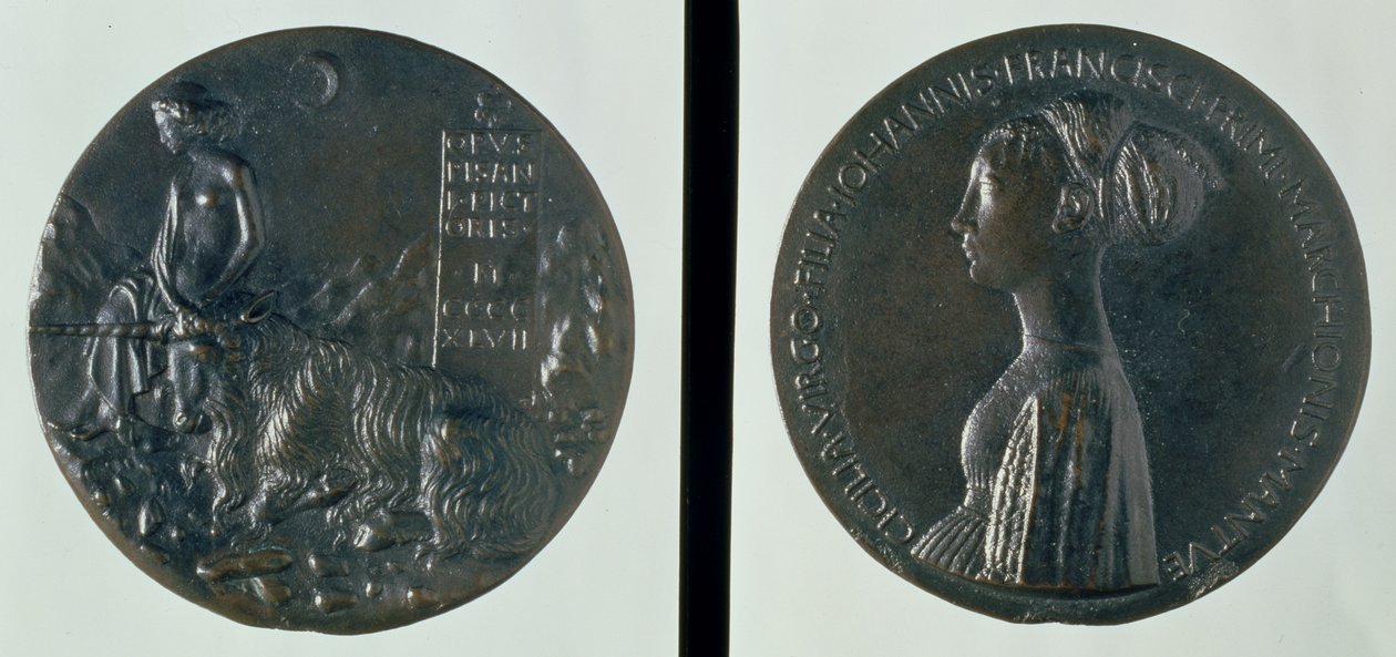 Portrettmedalje, forside som viser Cecilia Gonzaga, bakside som viser en kvinneskikkelse og enhjørning, 1447 (bronse) av Antonio Pisanello