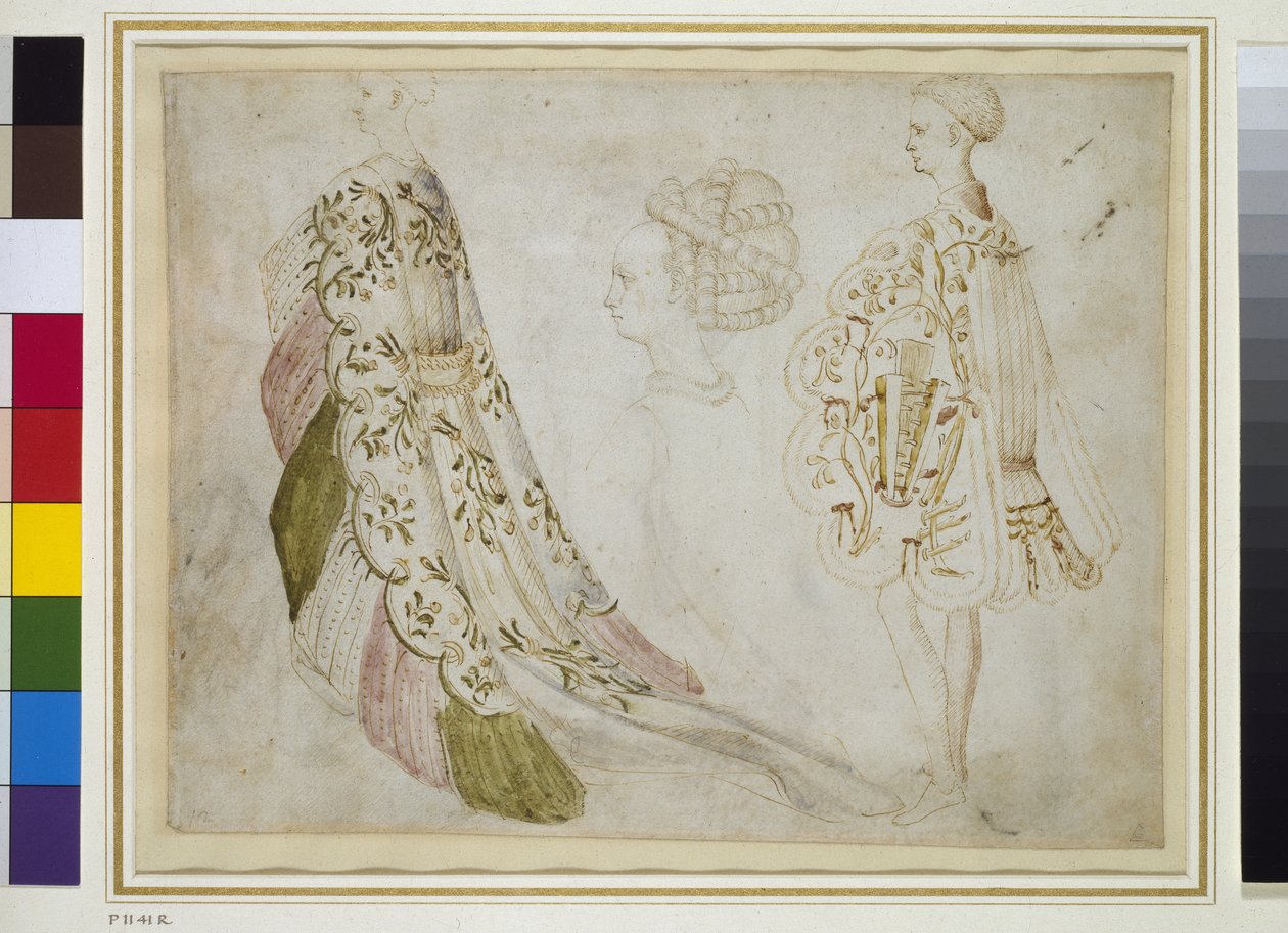 Recto: Studies of Costume (penn og blekk med wc på vellum) av Antonio Pisanello