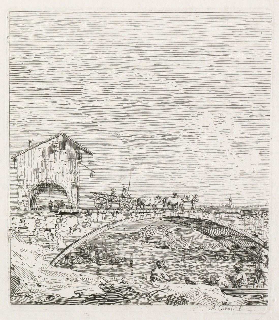 Visninger: En vogn som passerer over en bro av Antonio Canaletto