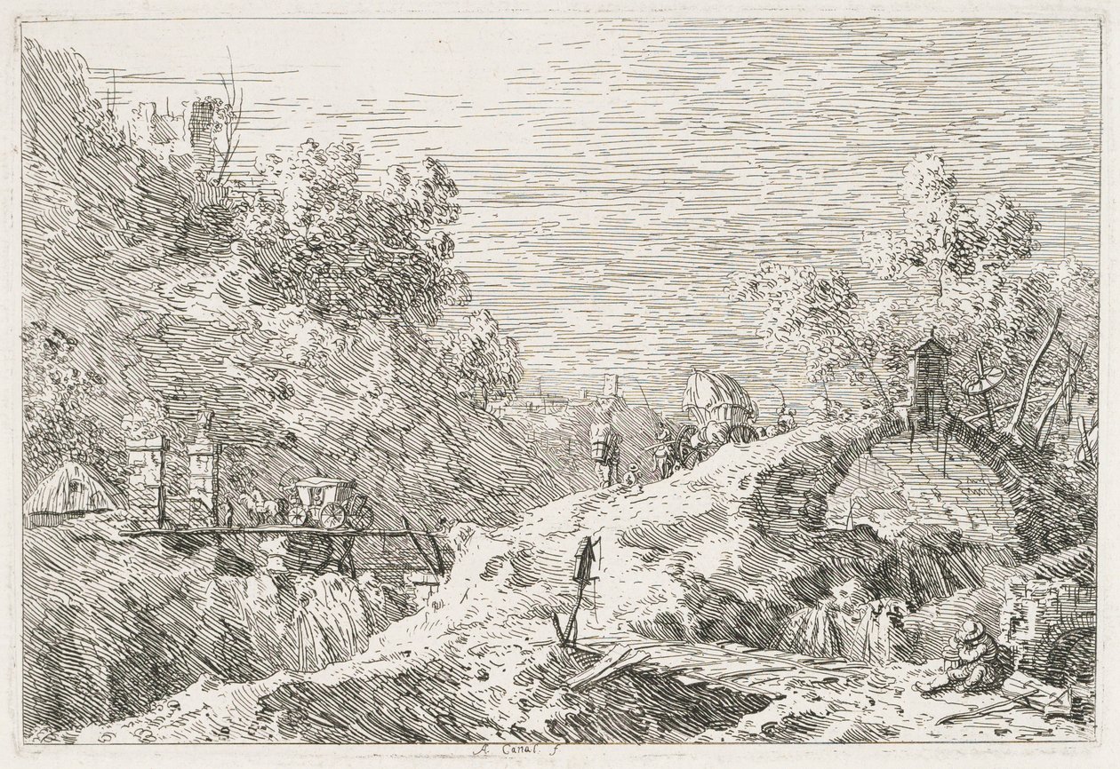 Utsikt: Fjelllandskap med fem broer, 1735-1746. av Giovanni Antonio Canal