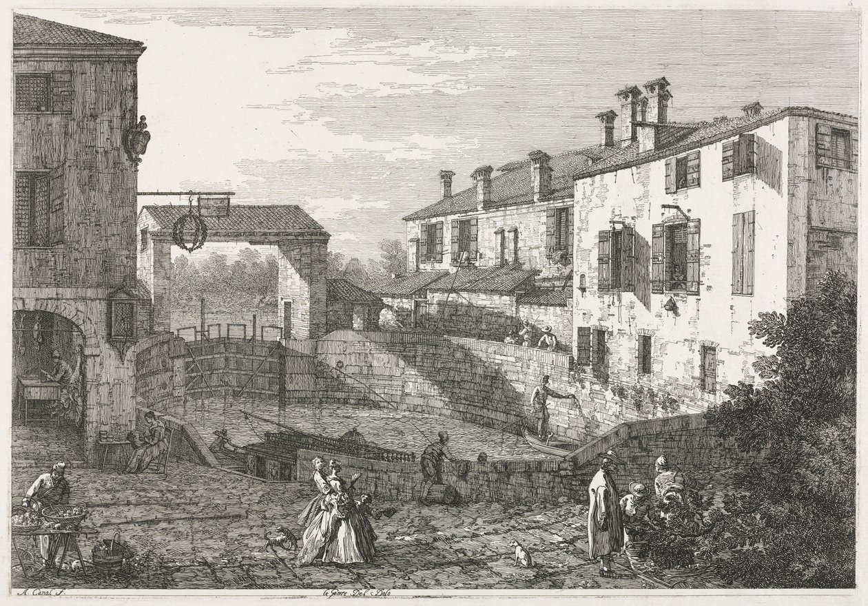 Utsikt: Kanalslusen ved Dolo, 1735-1746. av Giovanni Antonio Canal