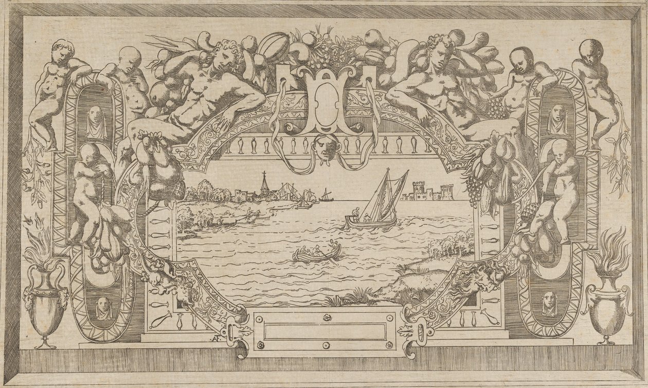 Landskap med dekorativ ramme, ca. 1543. av Antonio Fantuzzi
