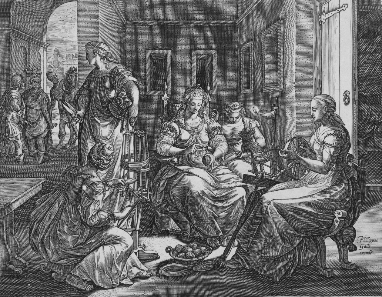 Lucretia og hennes tjenerinner spinner, 1537-45. av Antonio Fantuzzi