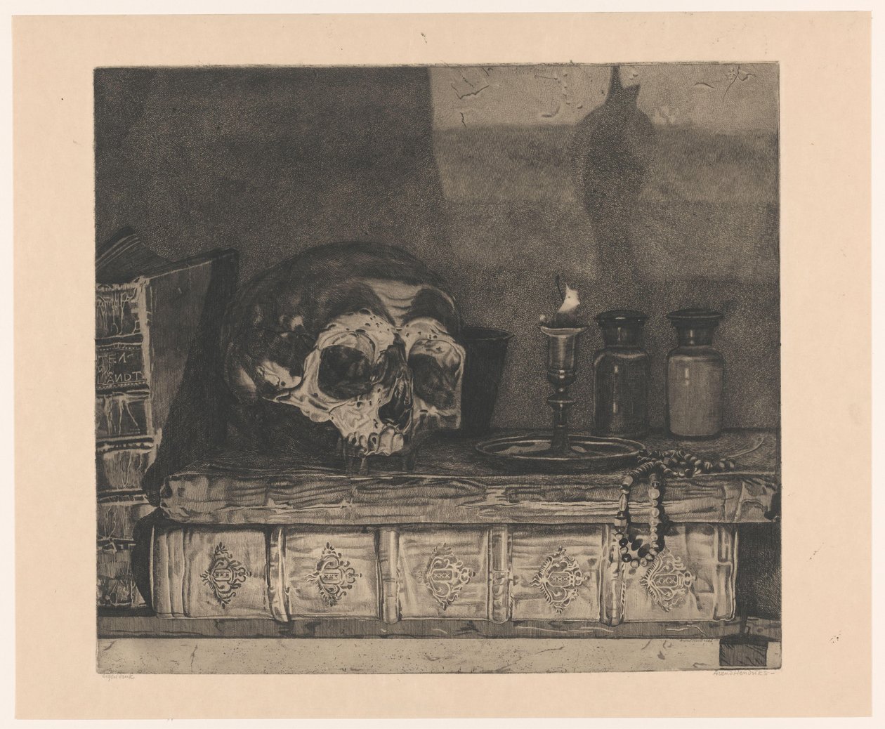 Stilleben med hodeskalle av Arend Hendriks (signed by artist)