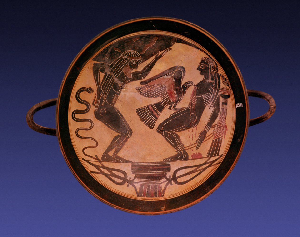 Svart skikkelse kylix som viser Atlas som holder himmelen og Prometheus bundet med en ørn som plukker ut leveren sin, ca. 555 f.Kr. (keramikk) av Arkesilas Painter