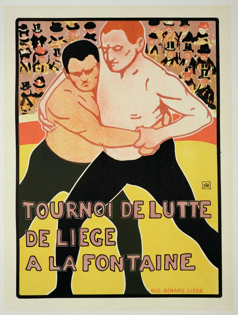 Reproduksjon av en plakat som reklamerer for en bryteturnering, ved The Fountain, Liege, Belgia, 1899 av Armand Rossenfosse