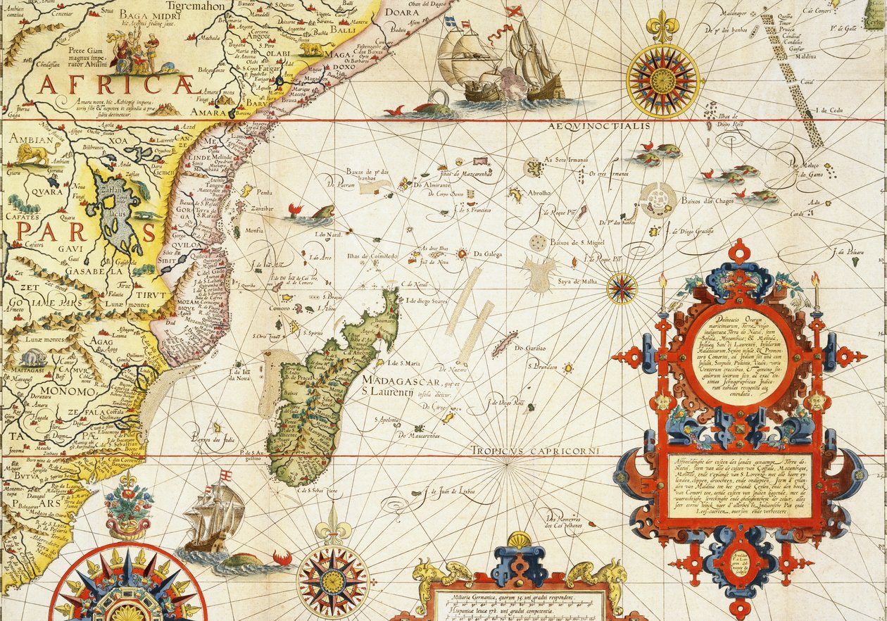 Kart over Øst-Afrika og Madagaskar, 1596 (håndfarget gravering) av Arnold Florent van Langren