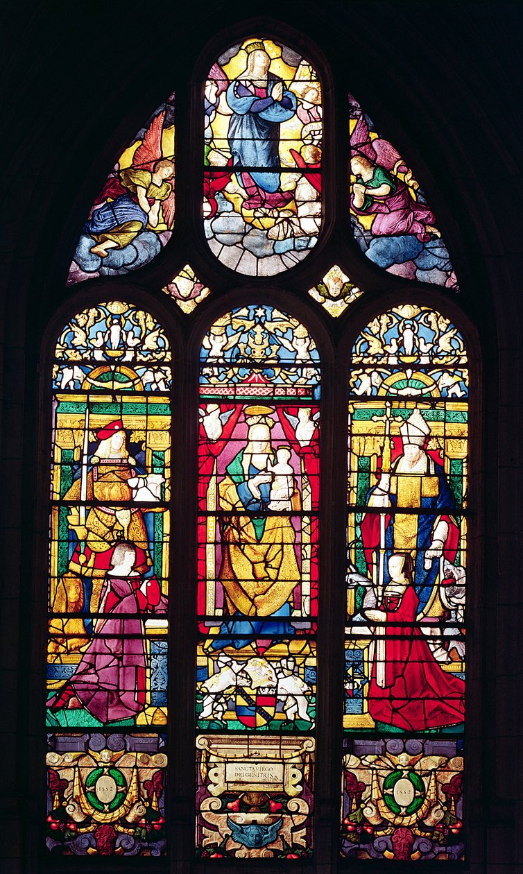 Vindu som viser jomfruen og barnet omgitt av St. Adrian, St. Romain og giverne, 1510 (farget glass) av Arnoult de Nimegue