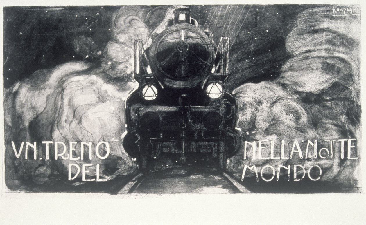 Et tog i verdens natt (tempera på kortet) av Aroldo Bonzagni