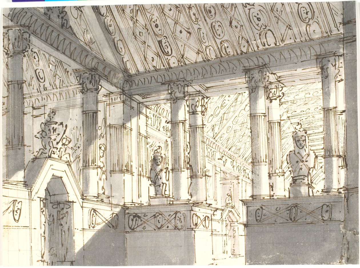 Interiør (fra tempel?) med søyler og statuer av Aron Wallick