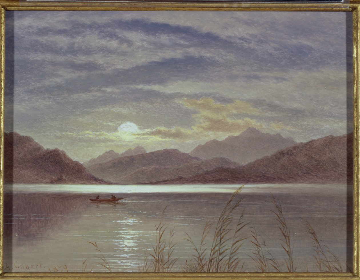 Lake Scene by Moonlight, 1879 (bord) av Arthur Gilbert
