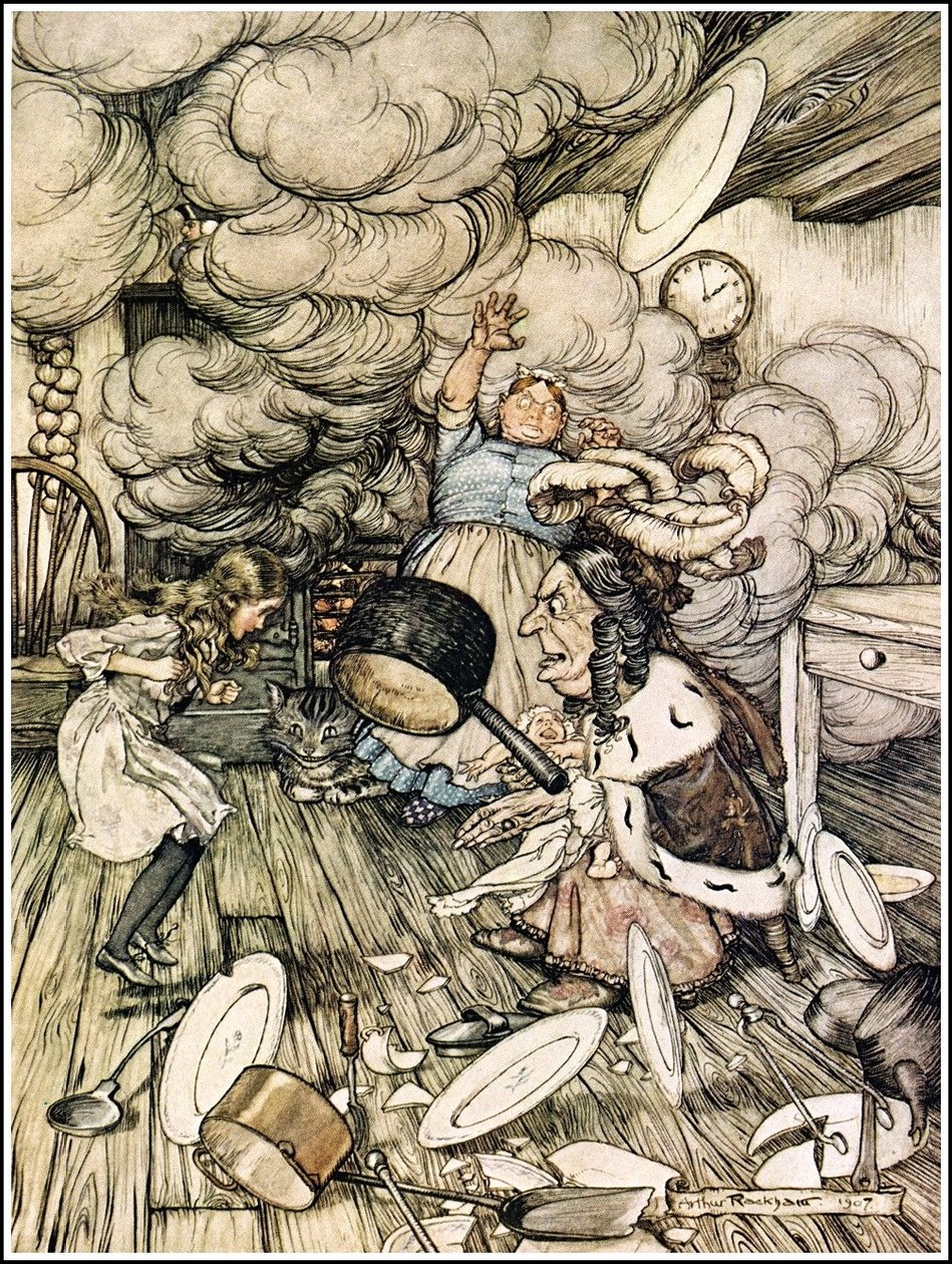 Alices Adventures in Wonderland - En uvanlig stor kjele fløy like ved, og bar den nesten av av Arthur Rackham