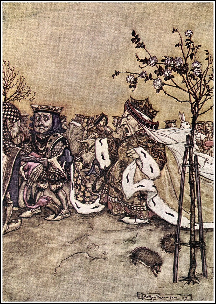 Alices Adventures in Wonderland - Dronningen sluttet aldri å krangle med de andre spillerne og ropte: Av med hodet! eller: Av med hodet! n av Arthur Rackham