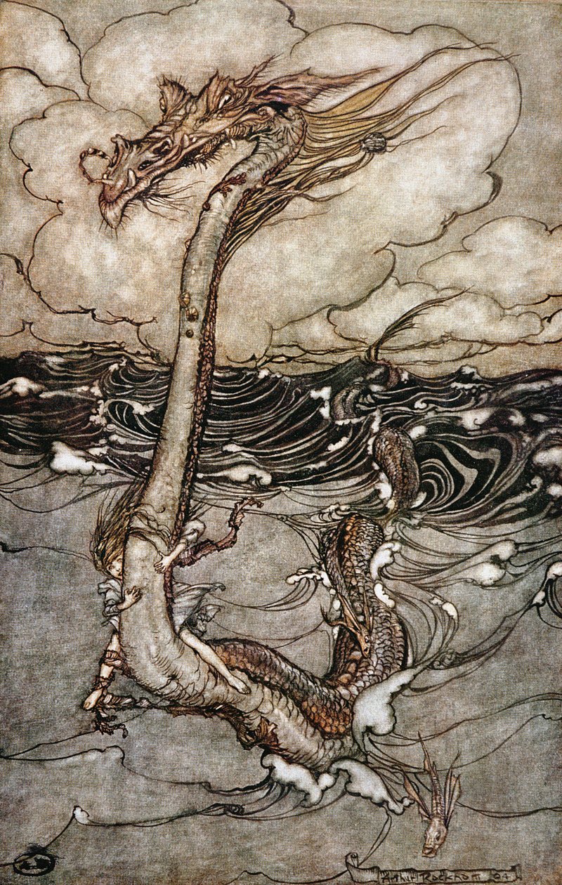 En ung jente som rir på en sjøorm, 1904 av Arthur Rackham