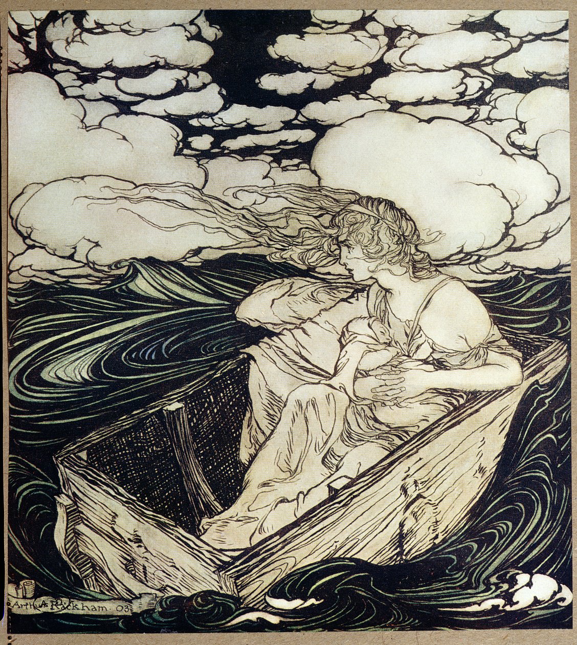 Danae og hennes sønn Perseus, 1903 av Arthur Rackham