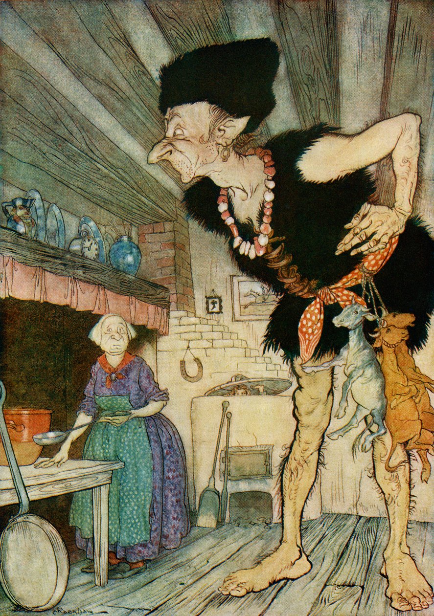 Fee fi fo fum I smell the blood of an Englishman, illustrasjon fra Jack and the Beanstalk fra English Fairy Tales Gjenfortalt av F.A. Steel, 1927 av Arthur Rackham
