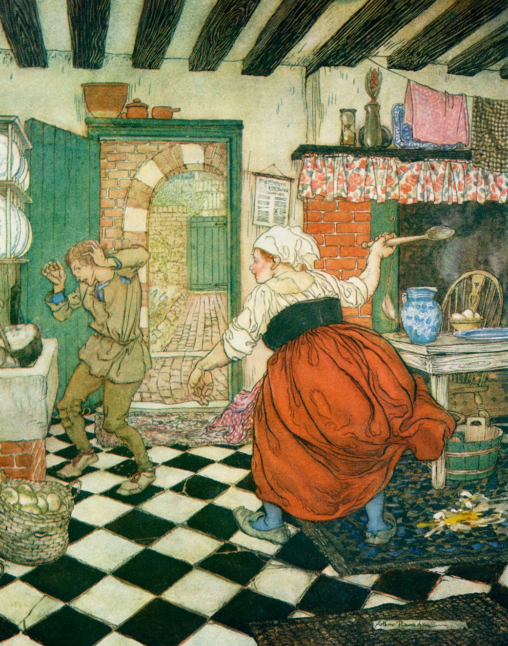 Manger julingen han fikk fra kosteskaftet eller øsen, illustrasjon til Dick Whittington og katten hans, fra English Fairy Tales Gjenfortalt av F.A. Steel, 1927 av Arthur Rackham