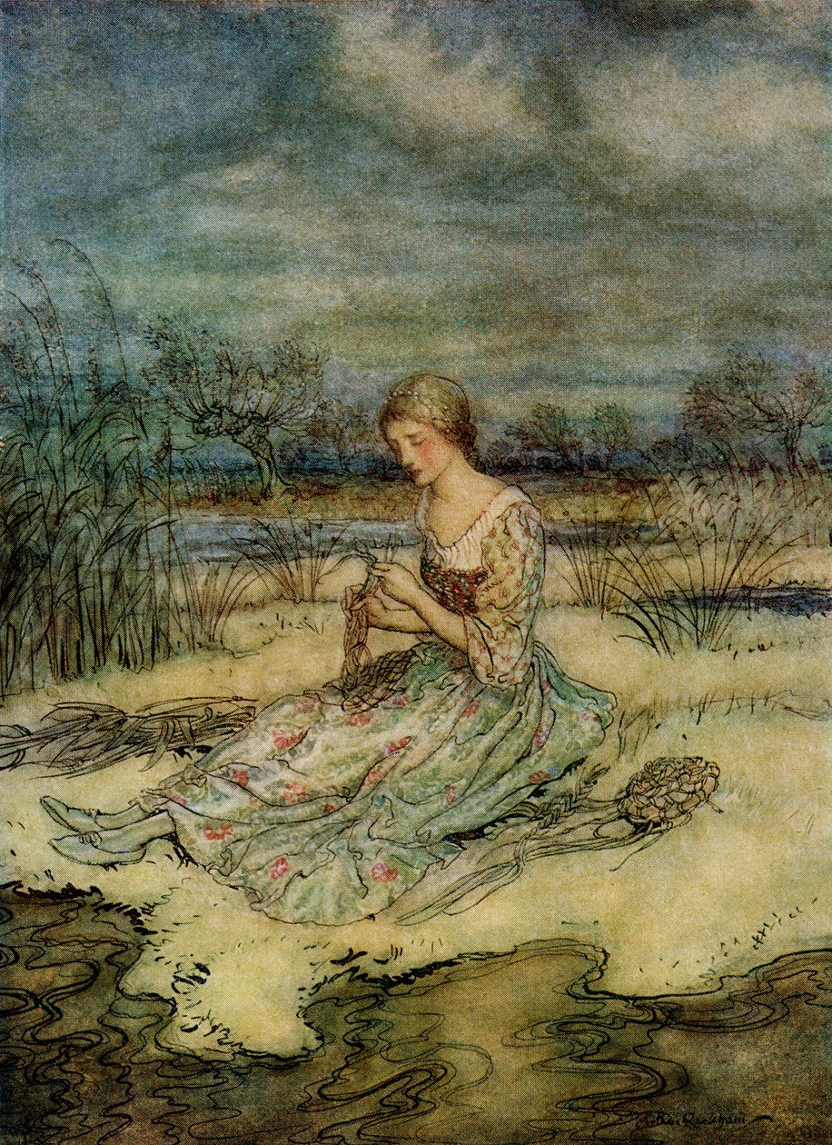 Hun satte seg ned og flettet seg en kjeledress av siv og caps som matchet, fra English Fairy Tales Retold av F.A. Steel, 1927 av Arthur Rackham