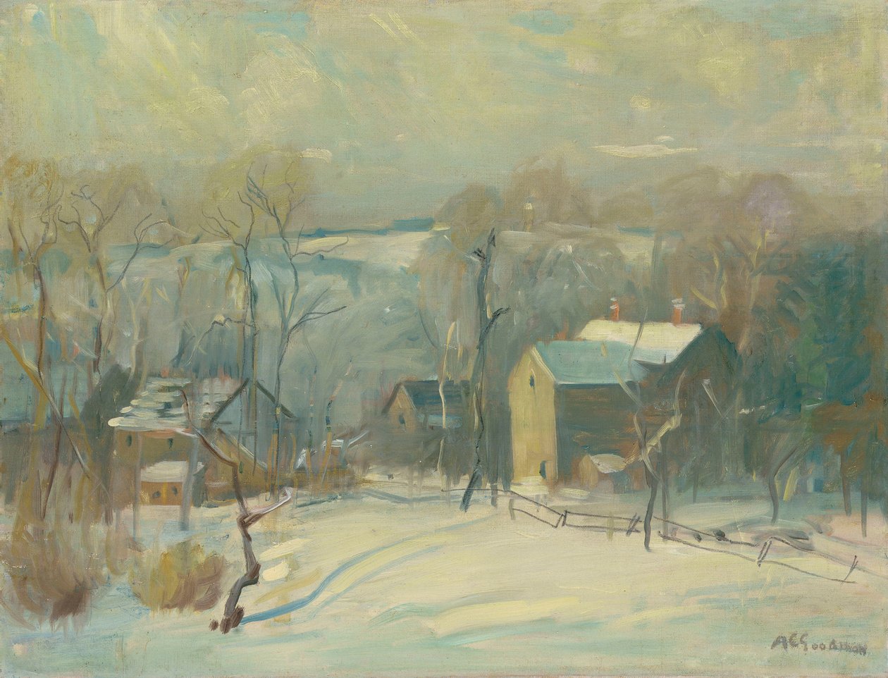 Village in Snow (olje på lerret) av Arthur Clifton Goodwin