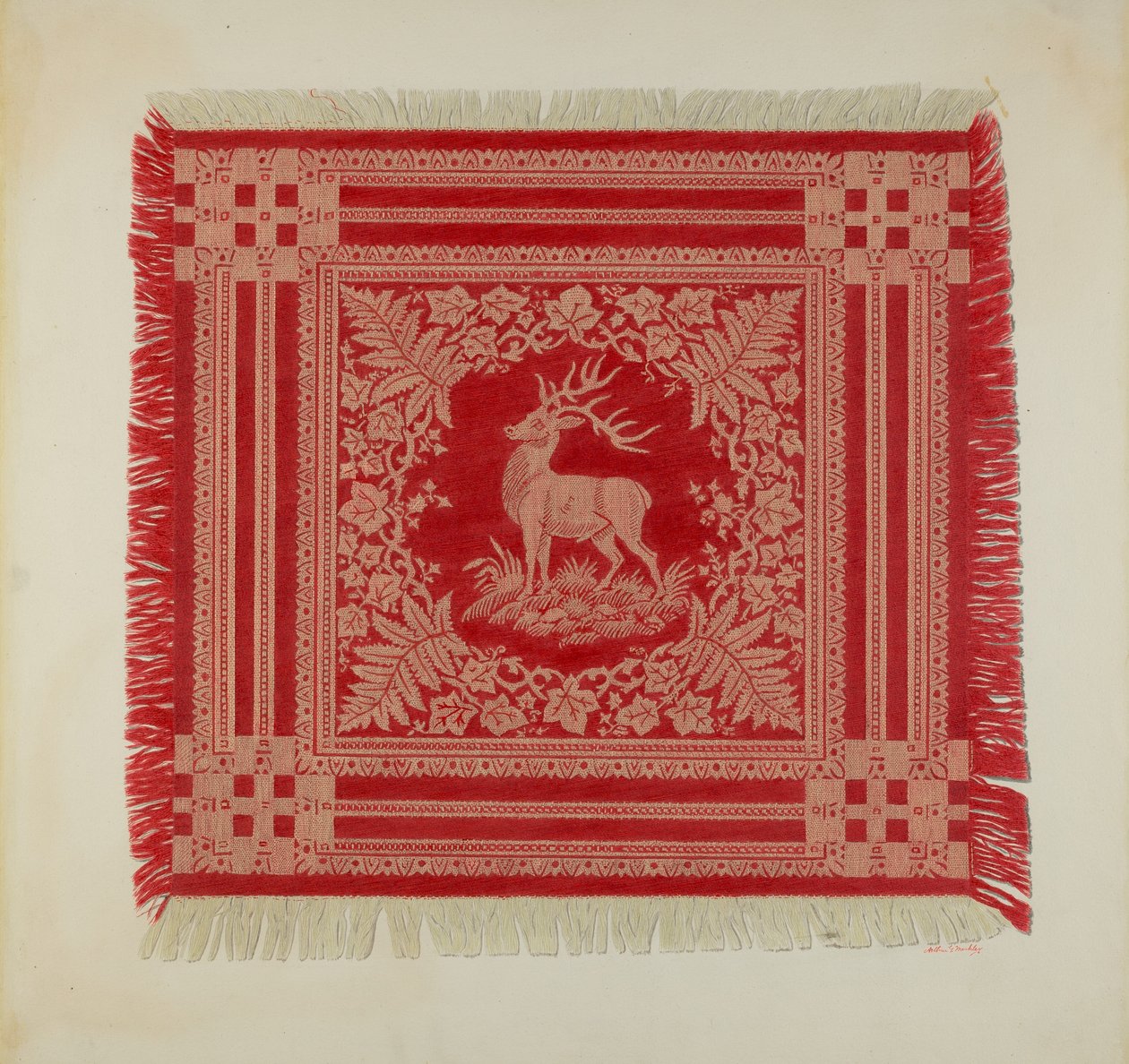 Rød og hvit serviett (hjortdesign) av Arthur G. Merkley