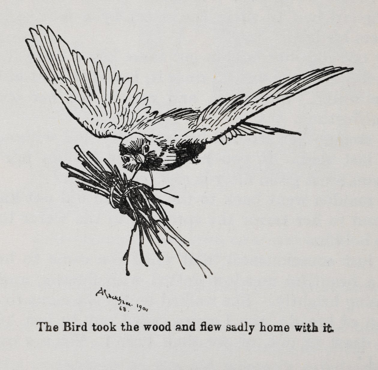En fugl som bærer en bunt med kvister. av Arthur Rackham