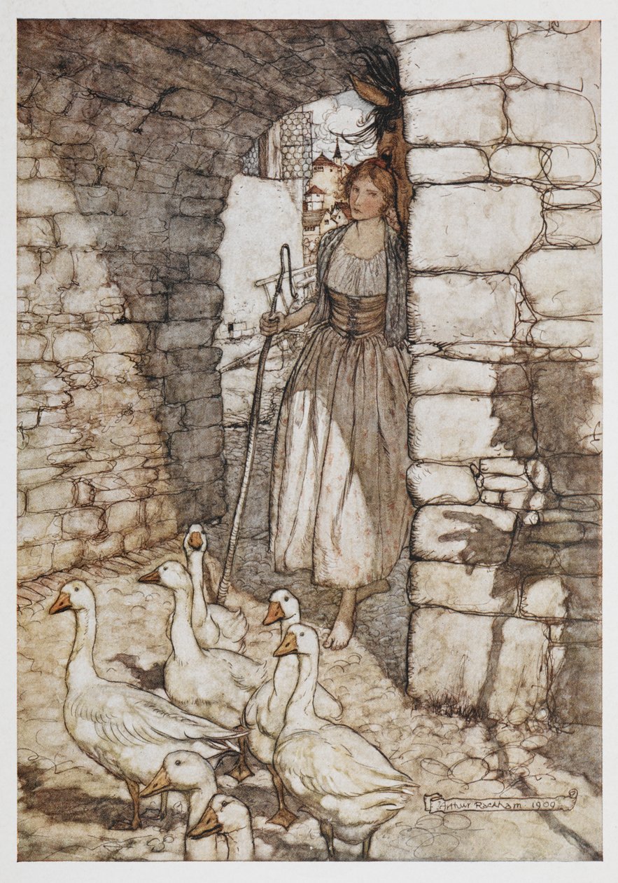 En jente med gjess. av Arthur Rackham