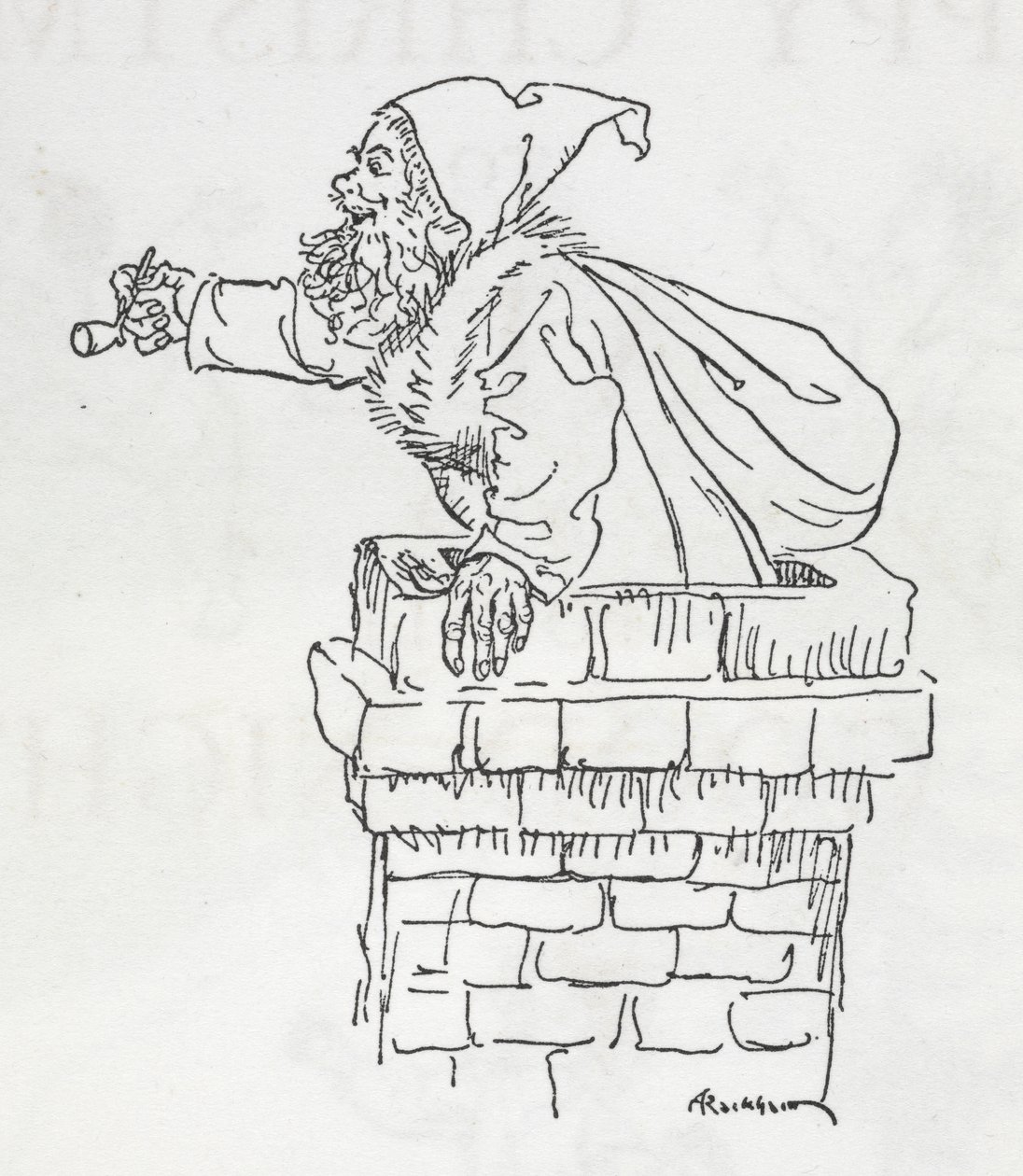 Julenissen klatrer ned en skorstein av Arthur Rackham