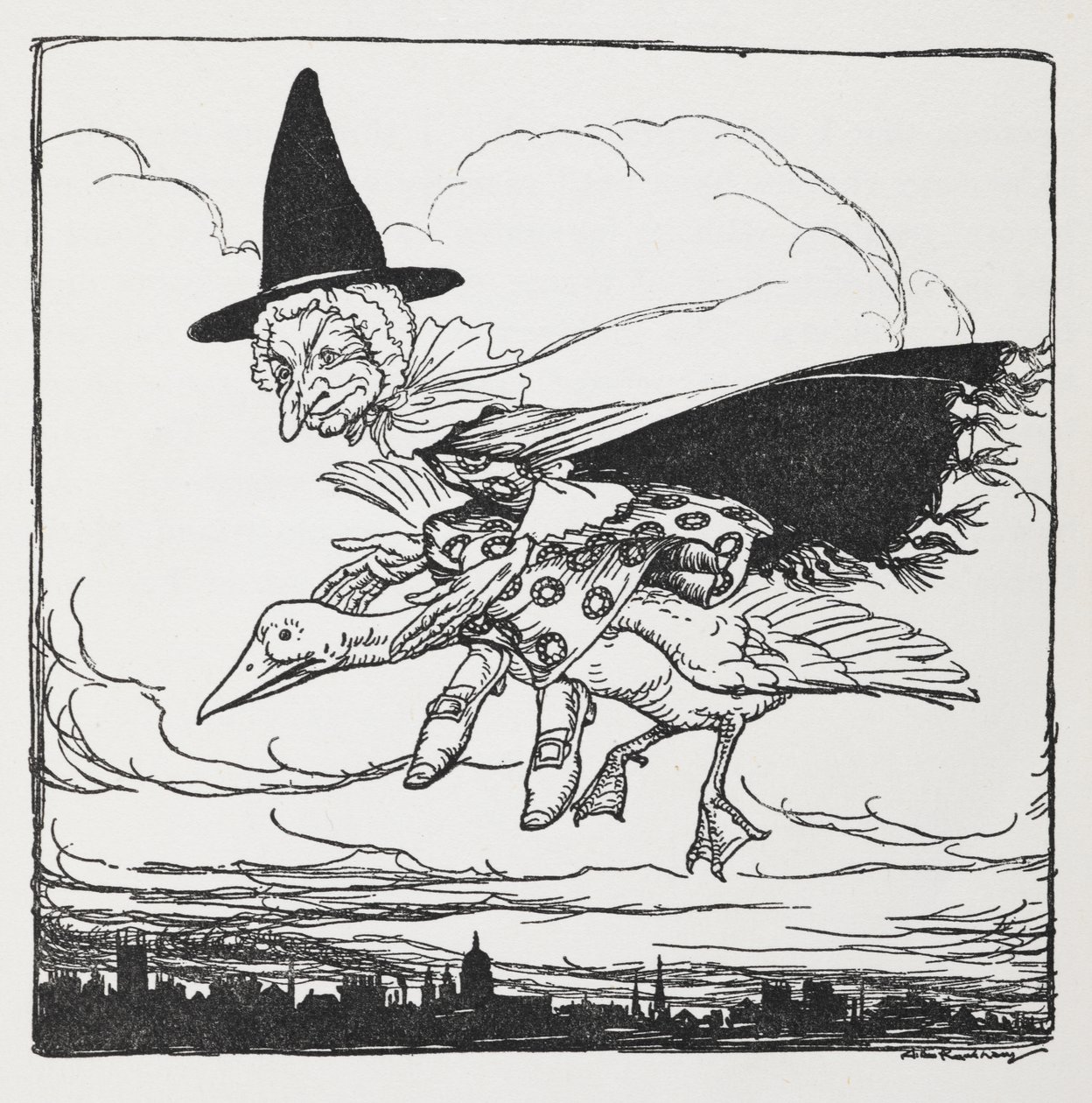 Gåsmor flyr på gås. av Arthur Rackham