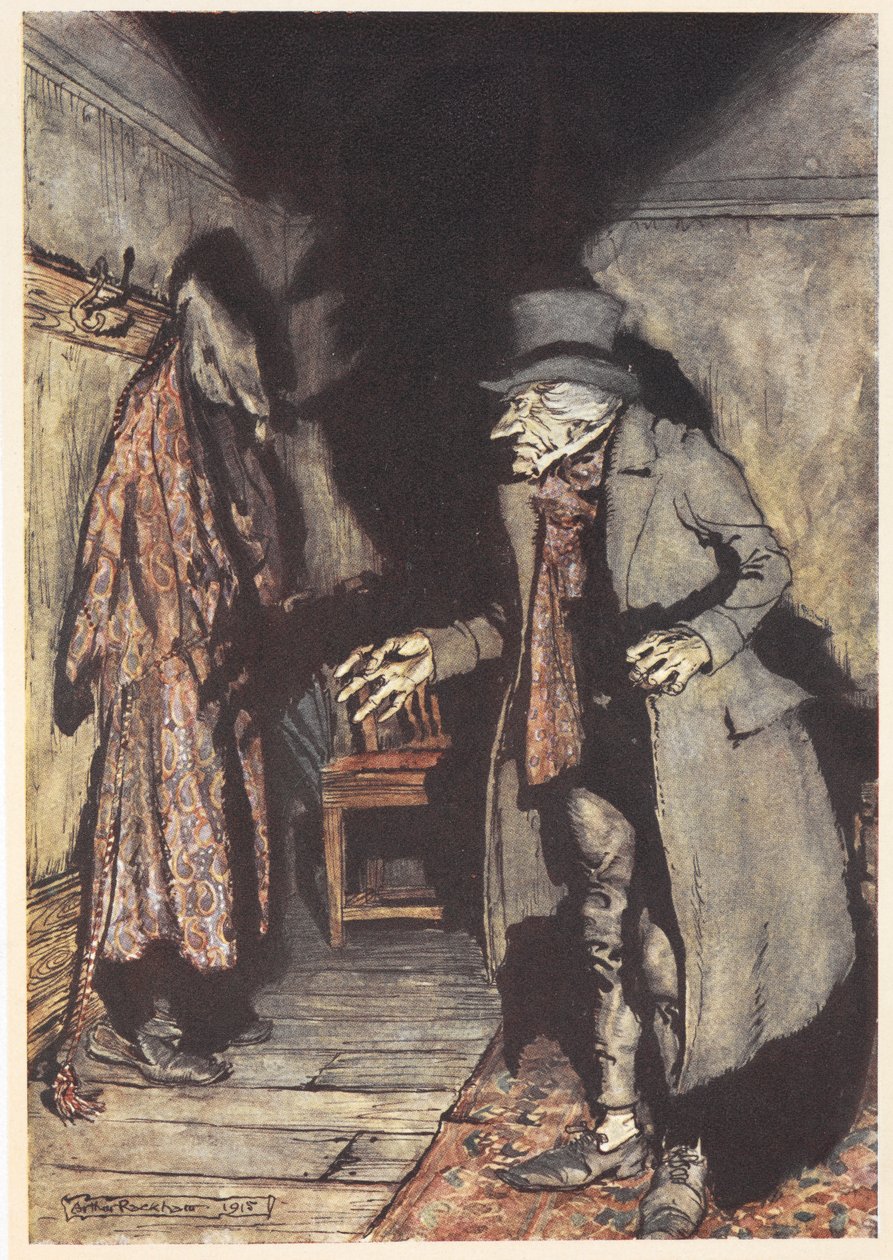 Scrooge i huset sitt om natten av Arthur Rackham