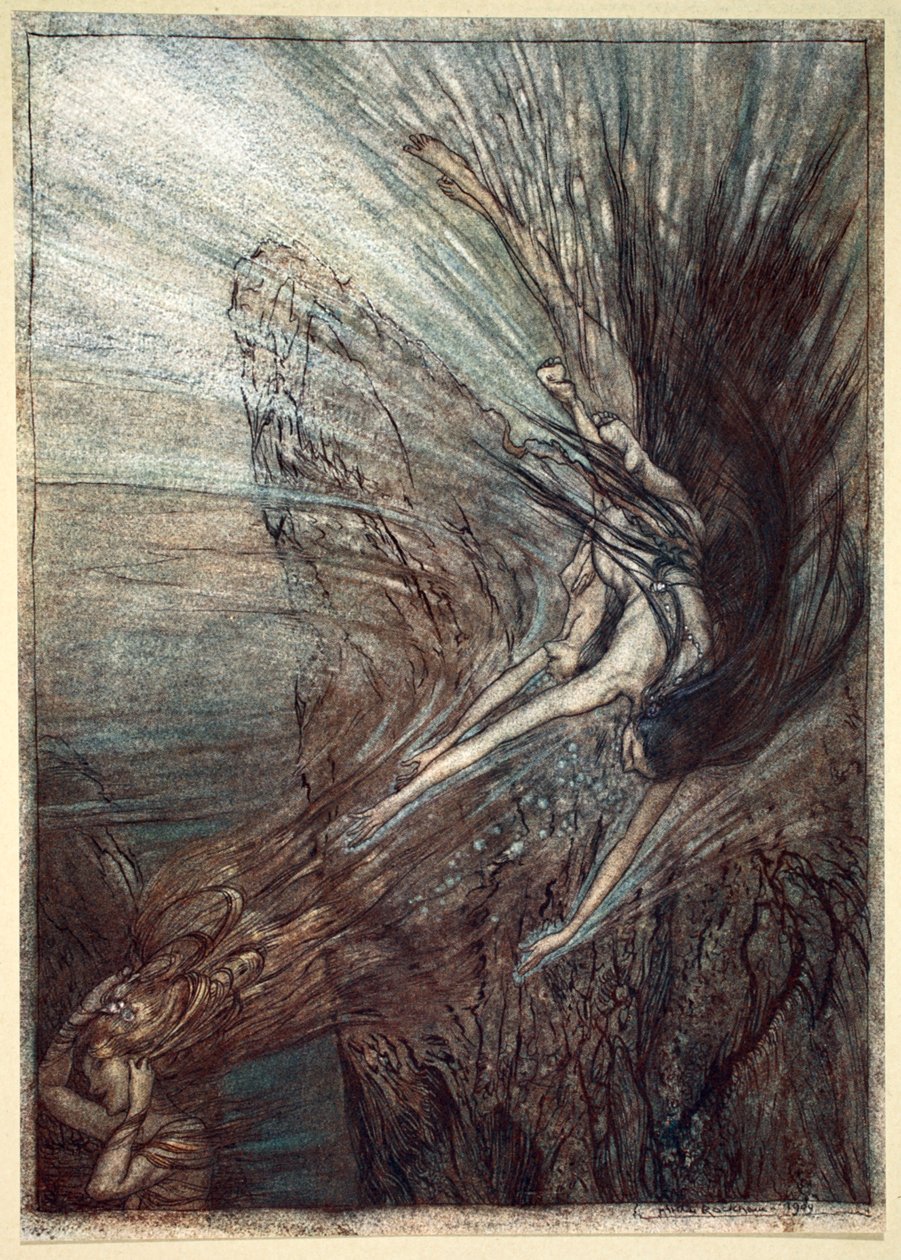 'Rhinpikenes boltre', 1910. av Arthur Rackham