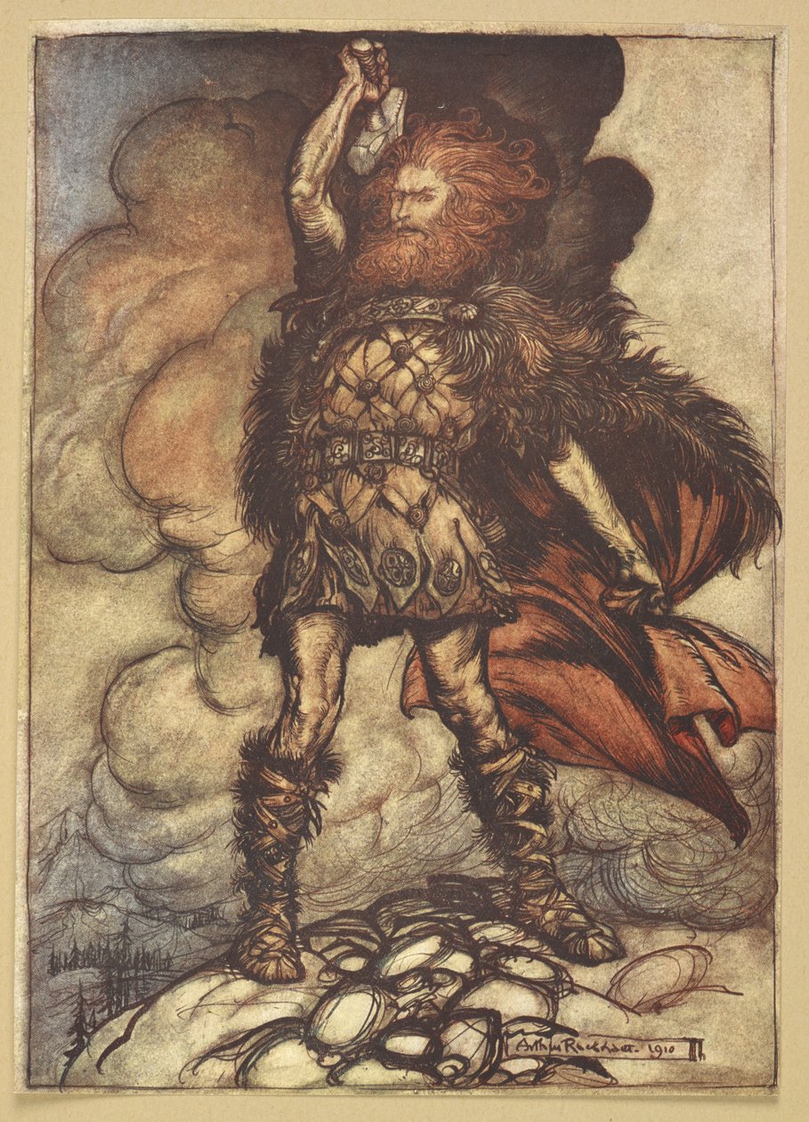 Tor hever hammeren. av Arthur Rackham