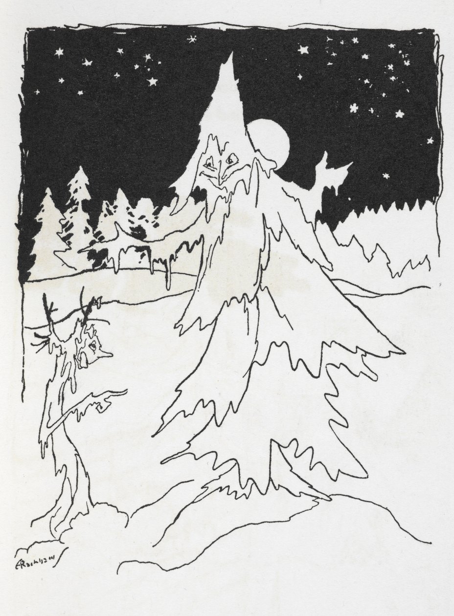 To tremenn i en snødekt skog av Arthur Rackham