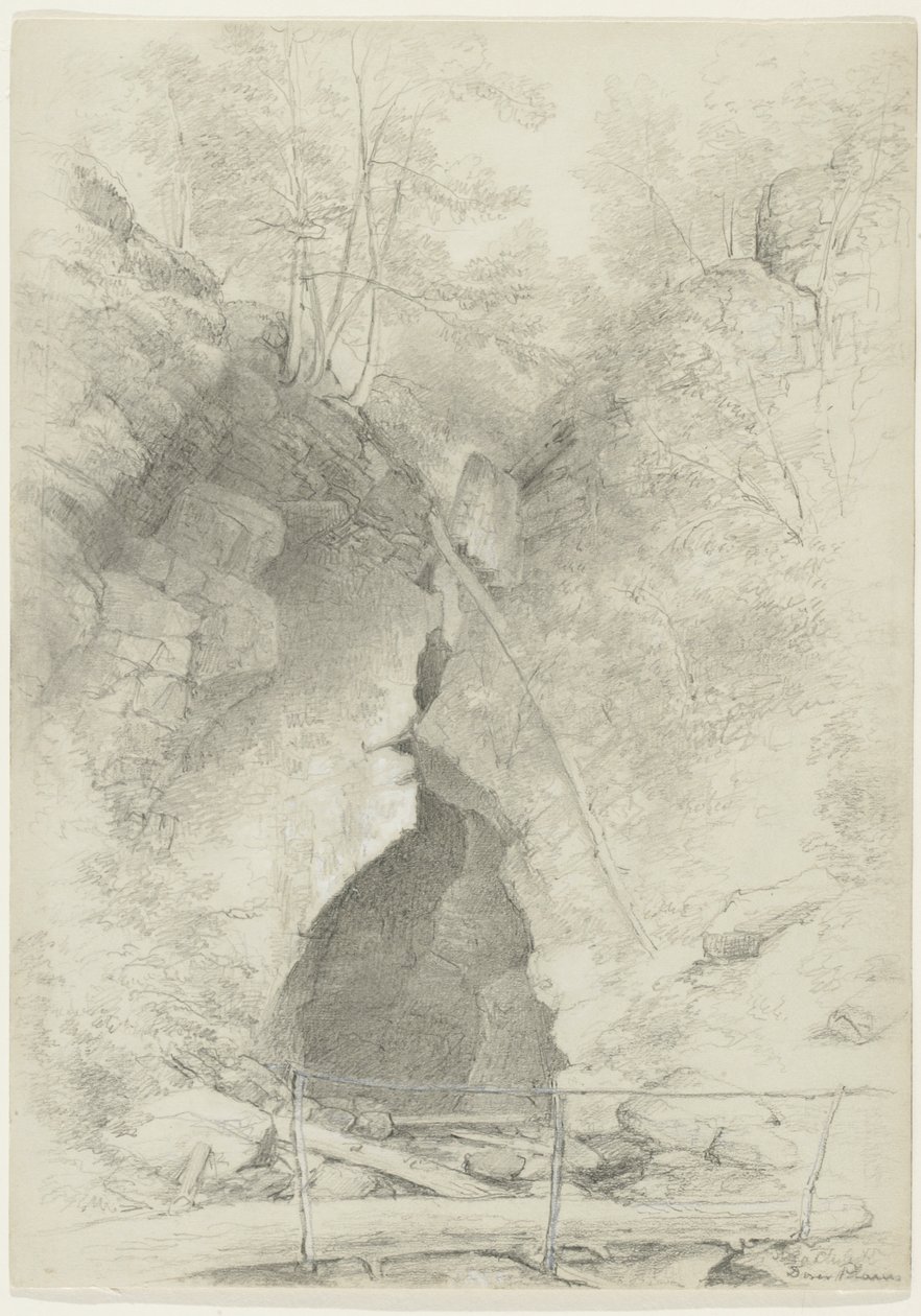 Dover Stone Church, Dover Plains, New York, 1847 (grafitt og hvit gouache på grått papir, montert på kort) av Asher Brown Durand