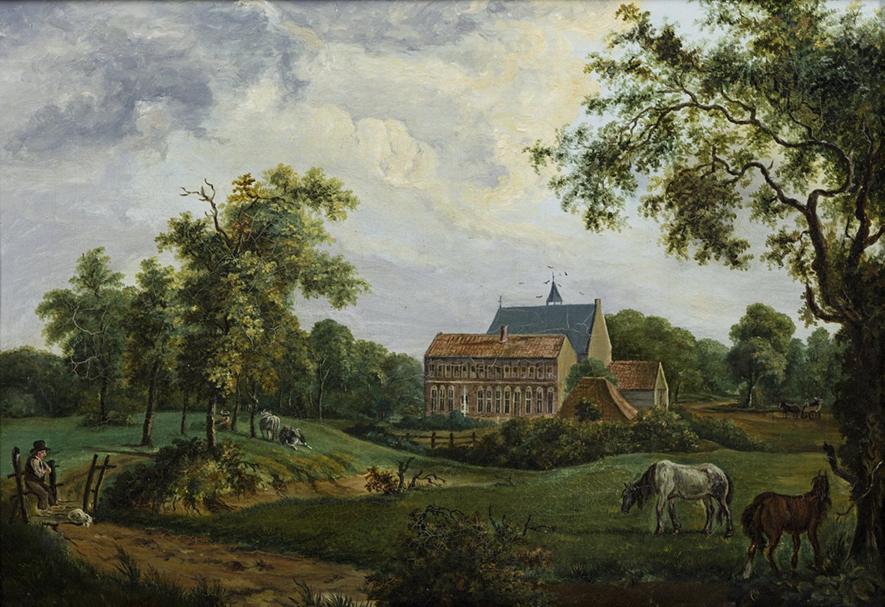 Kloster Ter Apel med den opprinnelige toppetasjen i nordfløyen, et år før rivningen i 1834 av Assuerus Quaestius