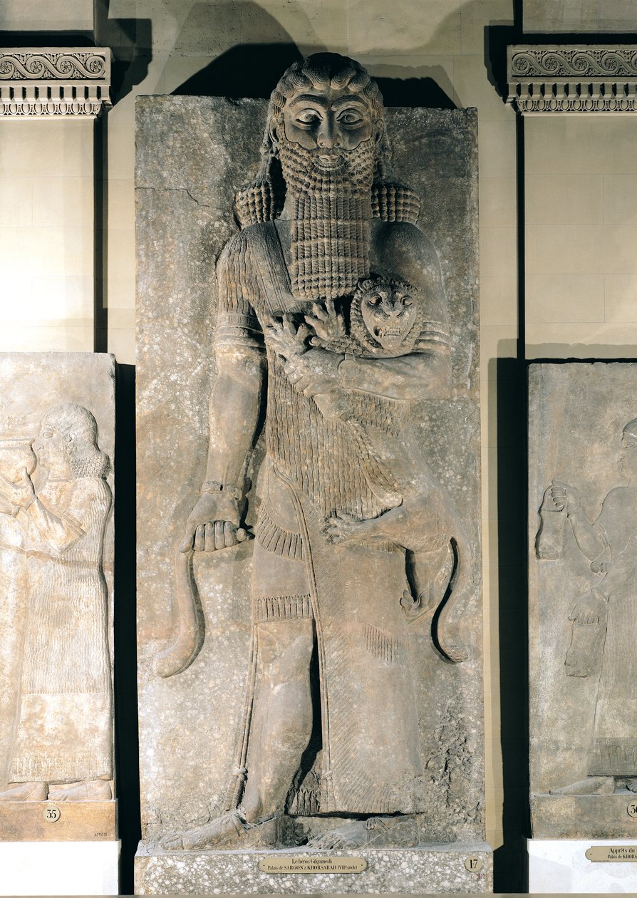 Helten Gilgamesh holder en løve som han har fanget, steinrelieff fra Palace of Sargon II i Khorsabad (Irak), ca. 725 f.Kr. (gips) av Assyrian School