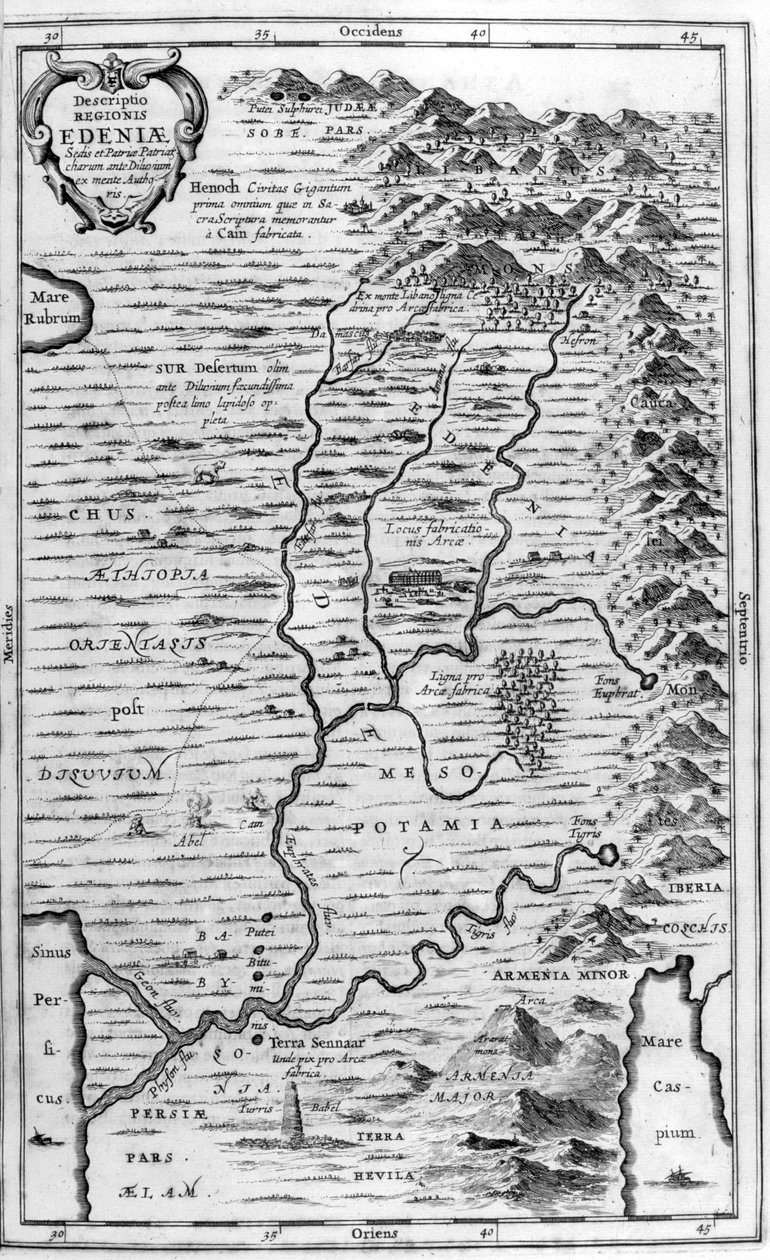 Kart over Edens hage, 1675 av Athanasius Kircher