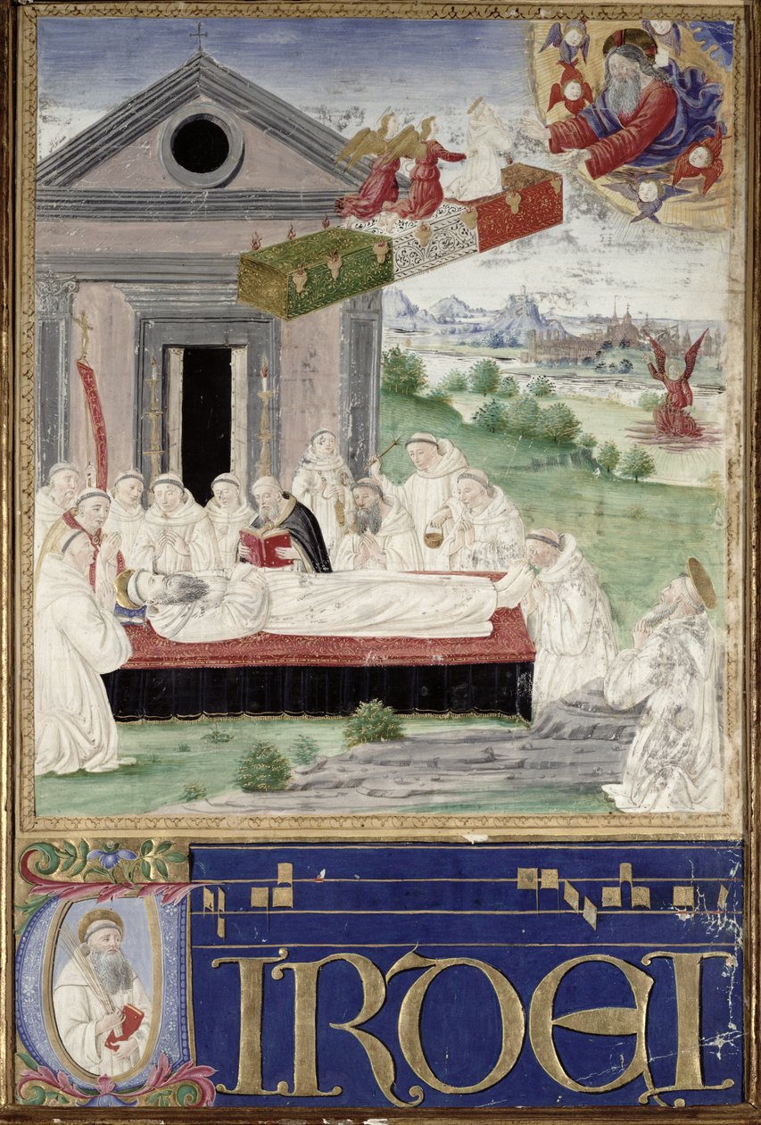 Begravelsen til St. Benedict (480-527) med St. Romauld (ca. 951-1027) 1502 av Attavante di Gabriello di Vanti di Bartolo