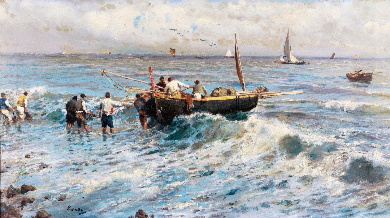 Sjølandskap med fiskere av Attilio Pratella