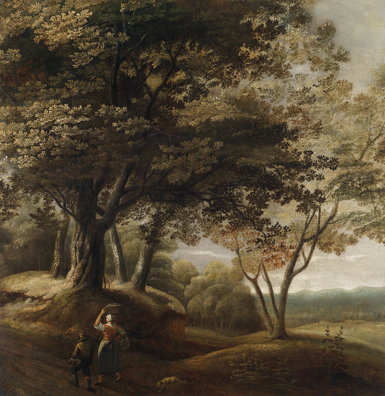 Skogsbevokst landskap med turgåere av Attributed to Lucas Achtschellinck