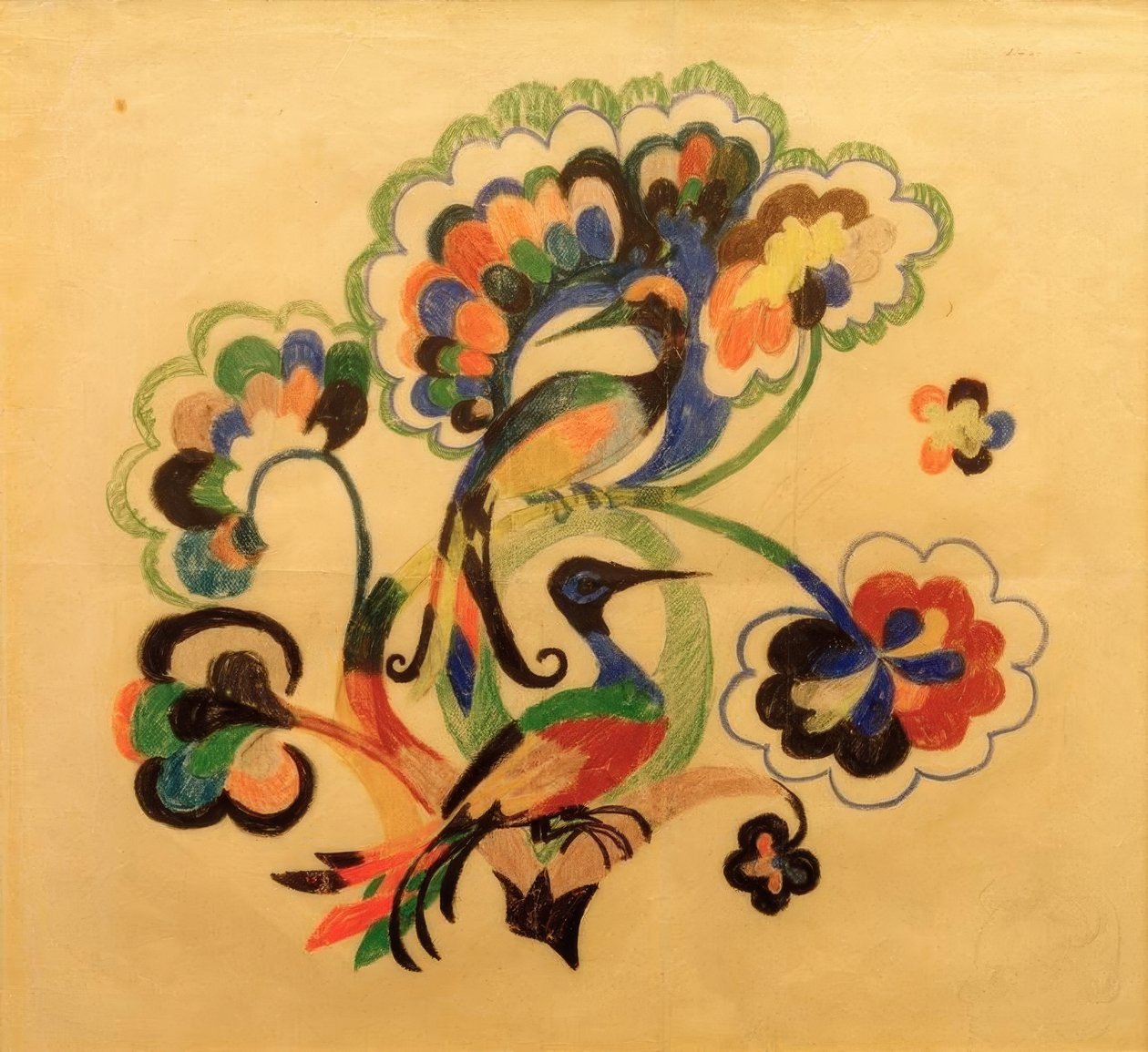 Fargerike fugler i trær, design for broderi av August Macke