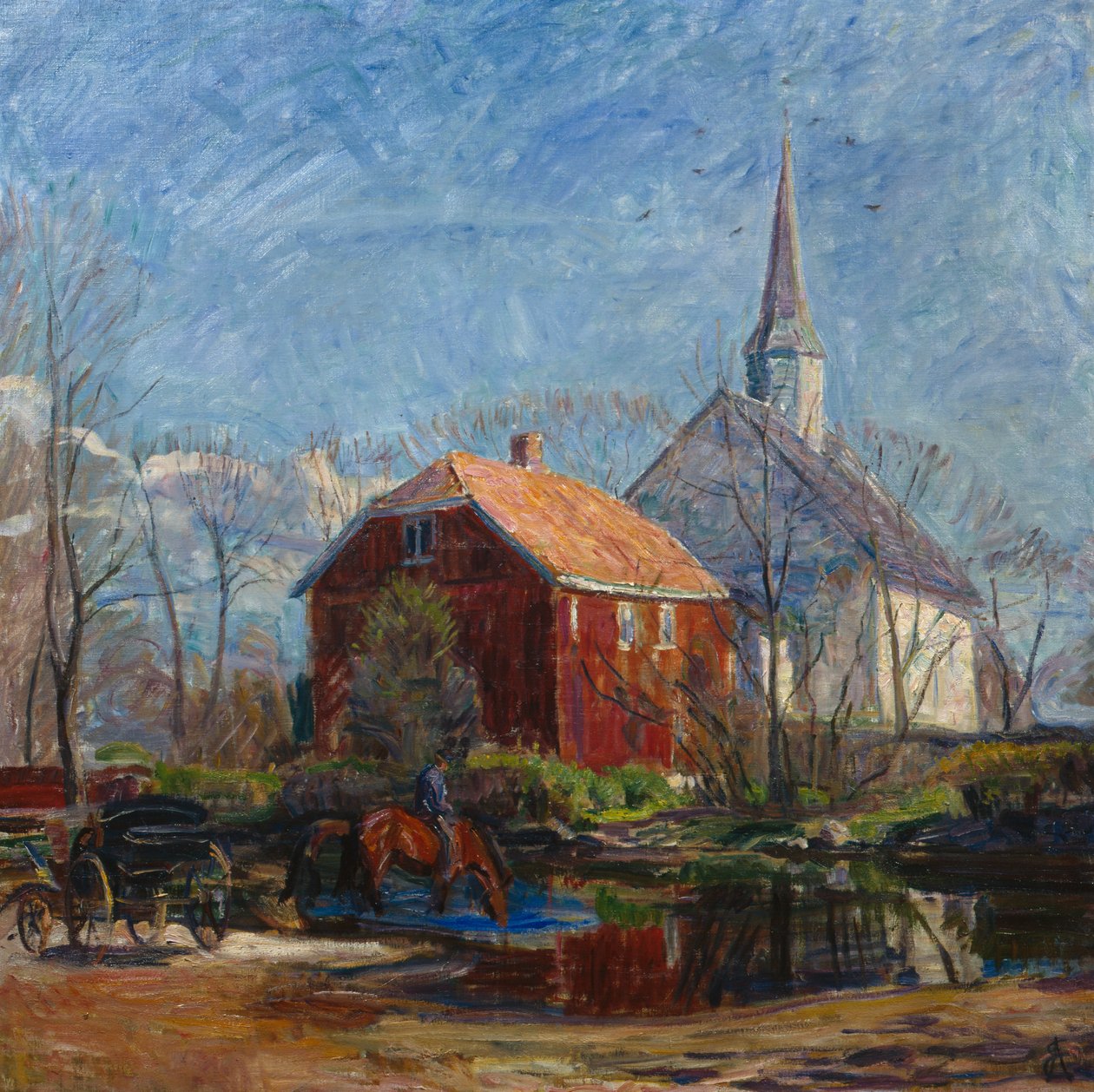 Kirke og rødt hus, Rygge kirke av August Eiebakke