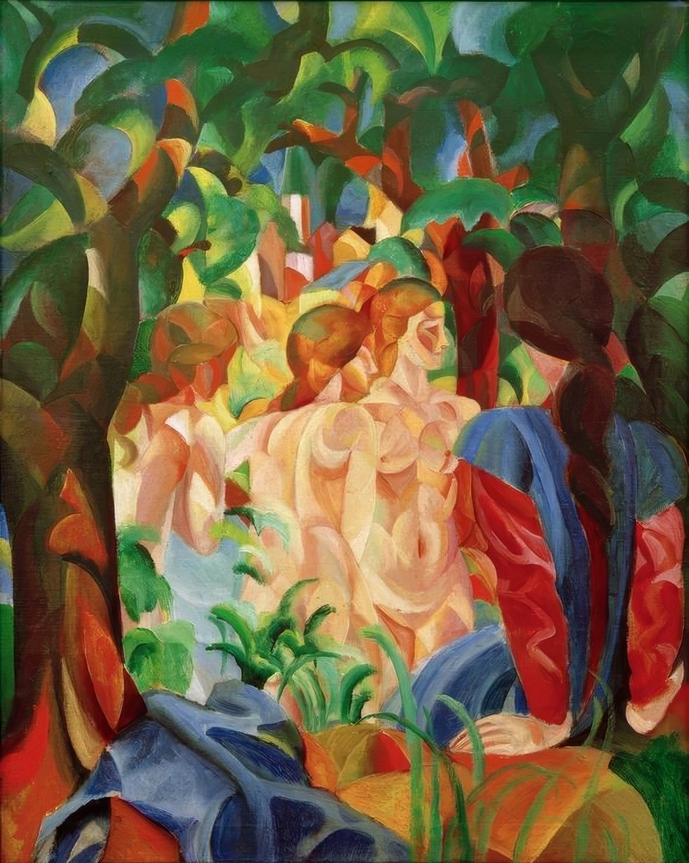 Badende jenter med byen i bakgrunnen av August Macke